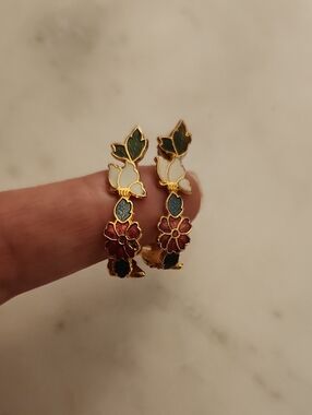 Gold-Tone Floral Enamel Hoop Earrings in Green, White & Red Leaves & Flowers